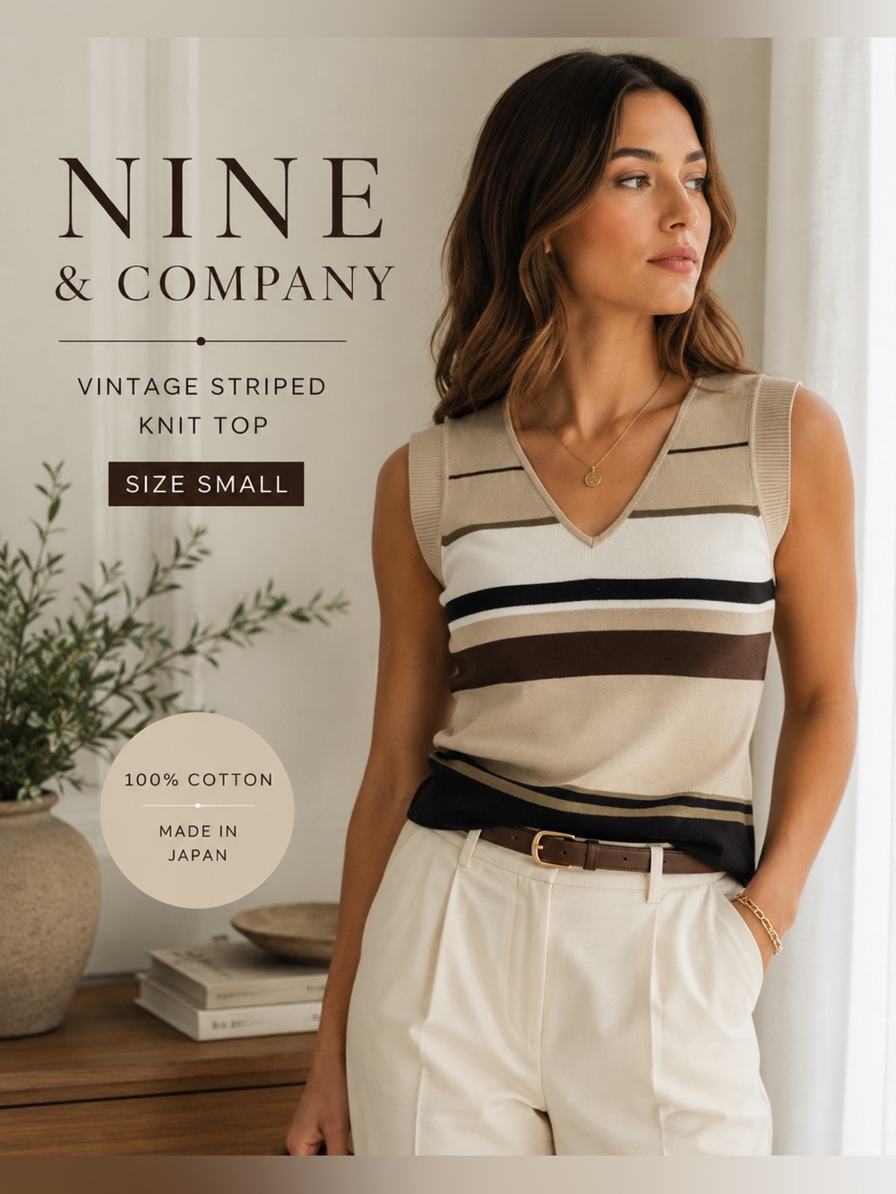 Nine & Company Vintage Striped Sleeveless Knit Top Size Small Neutral Y2K